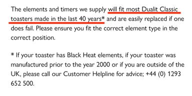Copie d'écran du site web de dualit, précisant en anglais la durée de compatibilité des pièces.